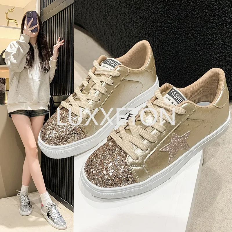 Women Leather Flat Shoes Autumn Sequined Silver Retro Couple Star Old Dirty Girl White Fashion Low Heeled Casual Sports Shoes