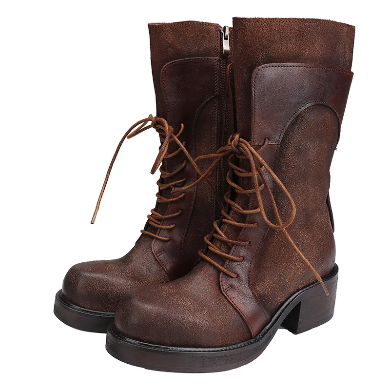 Women Motorcycle Boots Genuine Leather 2025 New Zip Round Toe Women Shoes Sewing Handmade Retro Ankle Platform Boots