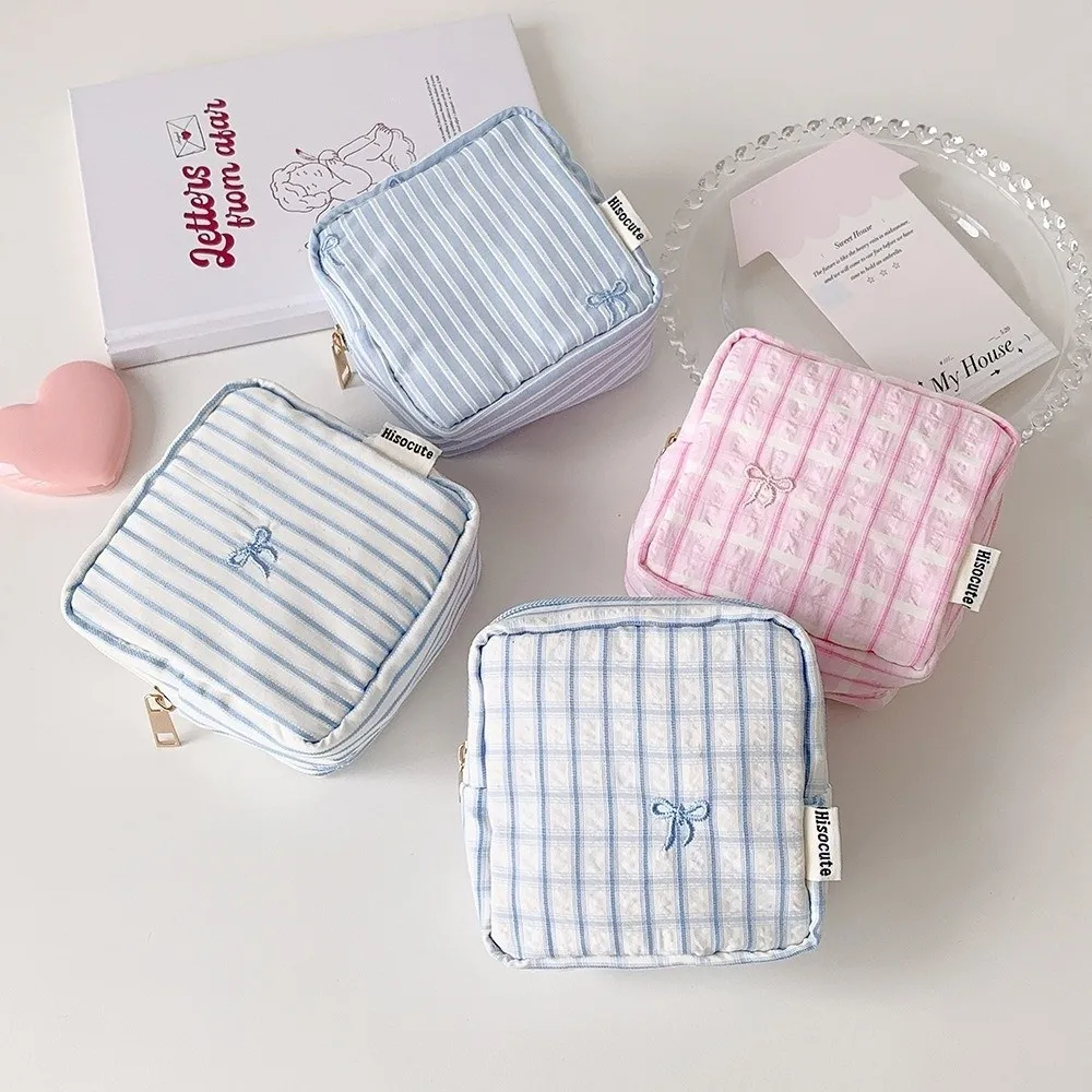 Large Capacity Bow Cosmetic Bag Bow Striped Grid Pattern Space Saving Toiletry Pouch Zipper Closure Pen Bag