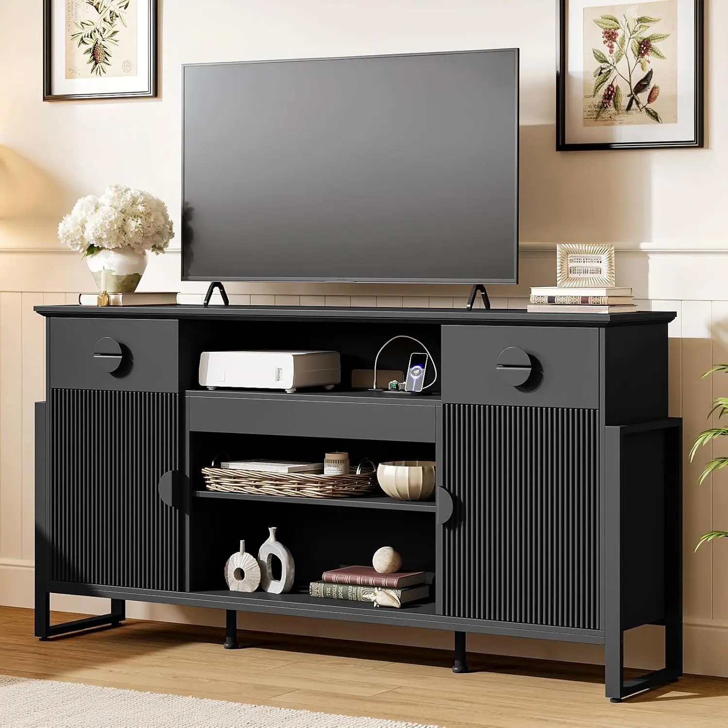 70in Modern Fluted TV Stand Entertainment Center Open Shelf Power Outlets 2 Drawers Door Cabinet Living Room