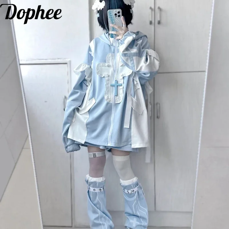 

Dophee Original Subculture Japanese Sets Water Color Patchwork Ruffles Hooded Zip Cardigans Coat + Harajuku Loose Shorts Suits