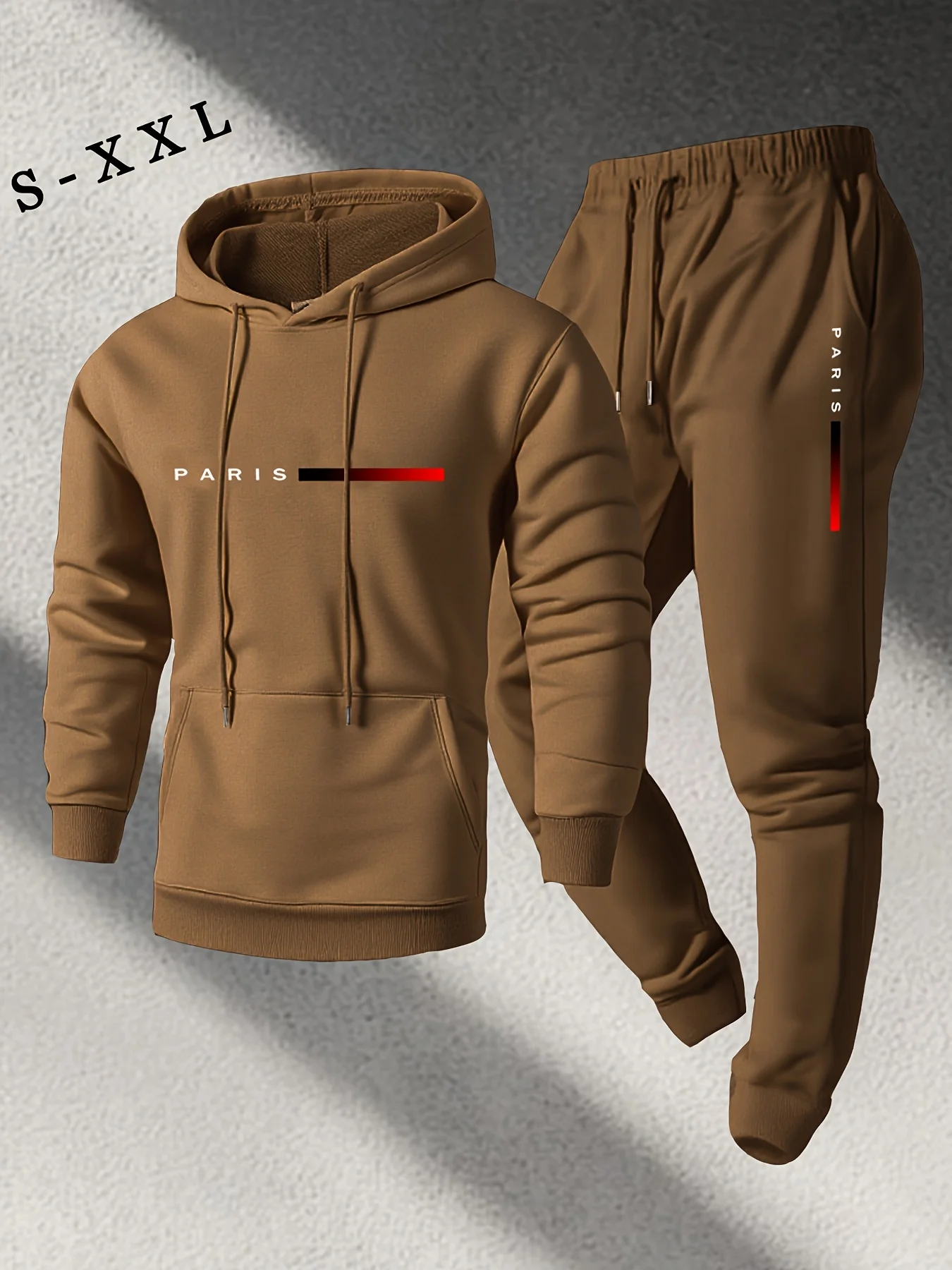 Conjunto de sudadera y pantalones con capucha de otoño para hombre con sudadera con capucha con estampado de letras de París y pantalones con parte inferior abotonada, conjunto de 2 piezas