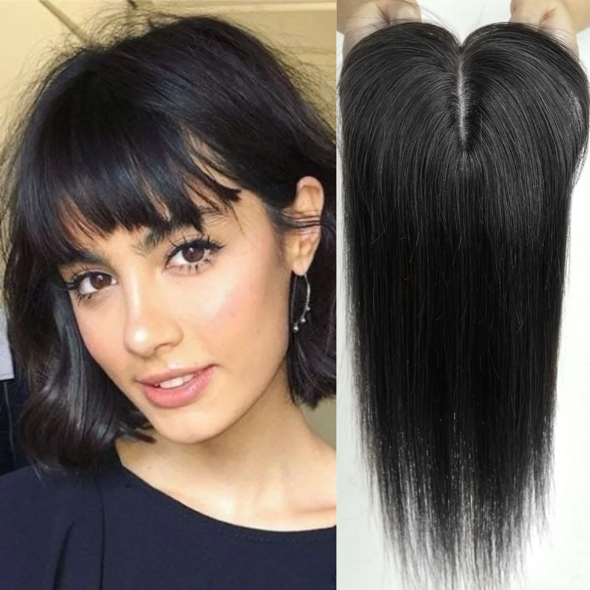 

100% Real Human Hair Toppers with Bangs 150% Density Silk Base Clip in Topper Top Hair Pieces for Women with Thinning/Loss Hair