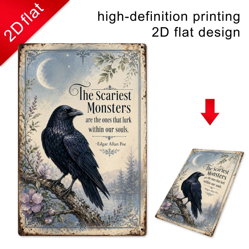 2D Flat, Decorative Sign 2D Flat, [2Dflat], 1pc 11.81x7.87inch- Edgar Allan Poe The Scariest Monsters Quote Tin Sign, Gothic Rav