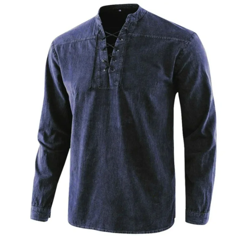 KIDWHXR Autumn Men T-shirt Vintage Stand Collar Lace Up Male Pullover Tees Loose Solid Long Sleeve Man Outdoor Casual Tops