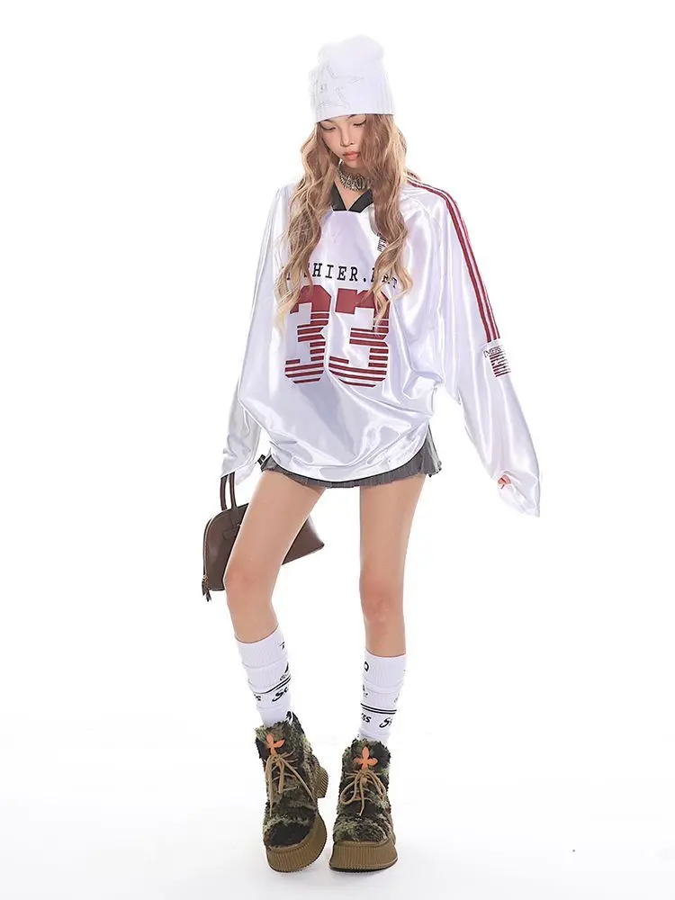 جديد الأمريكية الرجعية التباين اللون قميص رياضي بأكمام طويلة تي شيرت Y2K عادية فضفاض مخطط زوجين البلوفرات القمم الشارع الشهير