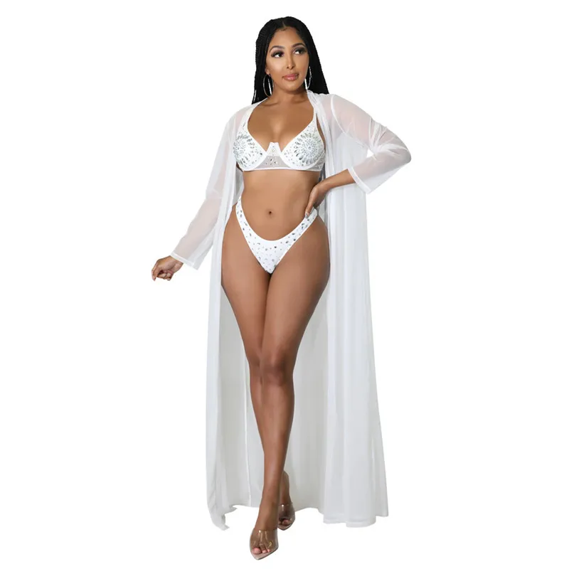 

Women Three Piece Bikini Set Bling Diamond Push Up Bra Thong Long Sleeve Meah Cover-Ups Vacation Beachwear Swimsuit Sexy Outfits