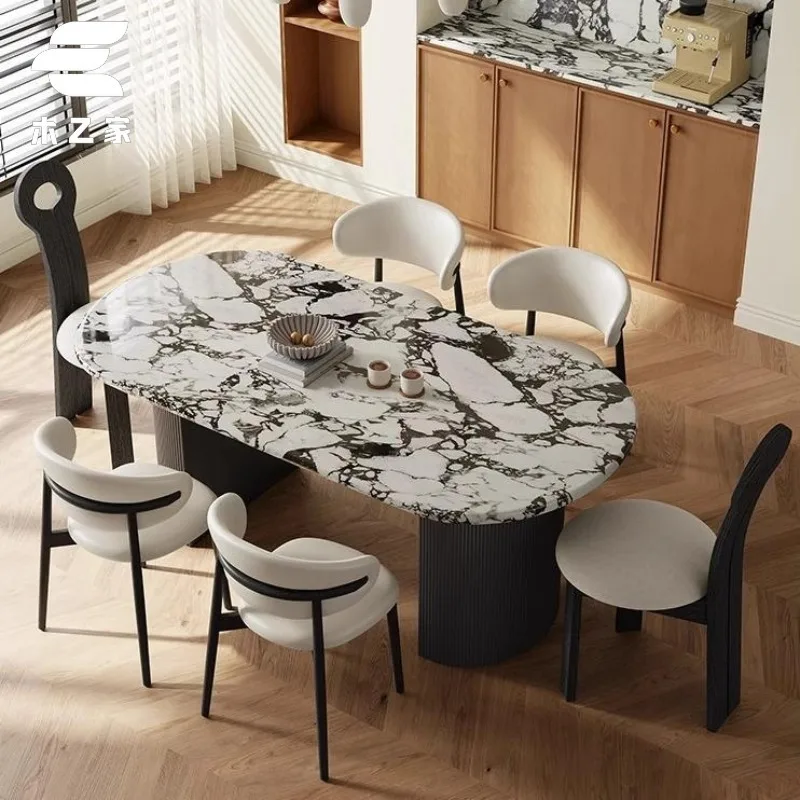 LTT marble dining table oval peninsula dining table antique retro dining table and chair combination