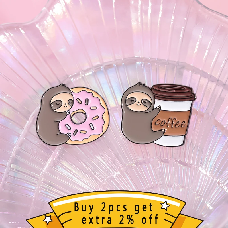 Lazy And Cute Sloth Enamel Pin Sloth Coffee Donut Dessert Lapel Badge Backpack Clothes Cartoon Decorative Metal Brooches Jewelry