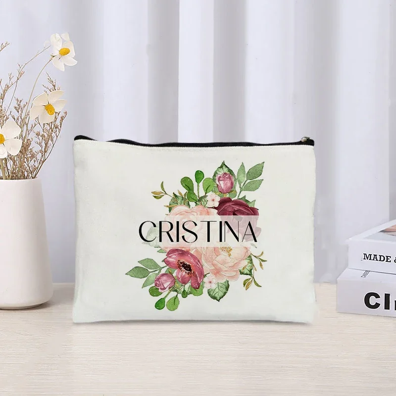New Custom Name Flowers Makeup Bag Women Travel Accessories Bridesmaid Handbag Wedding Gift Kids School Pencil Case Cosmetic Bag