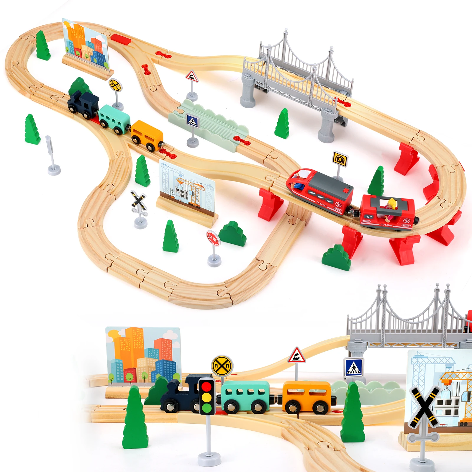 Holzeisenbahn-Set, 72-teiliges Stadtbahn-Set für Kinder, erweiterbares Holzeisenbahn-Set, Kleinkindspielzeug, Geschenk für Jungen und Mädchen ab 3 Jahren