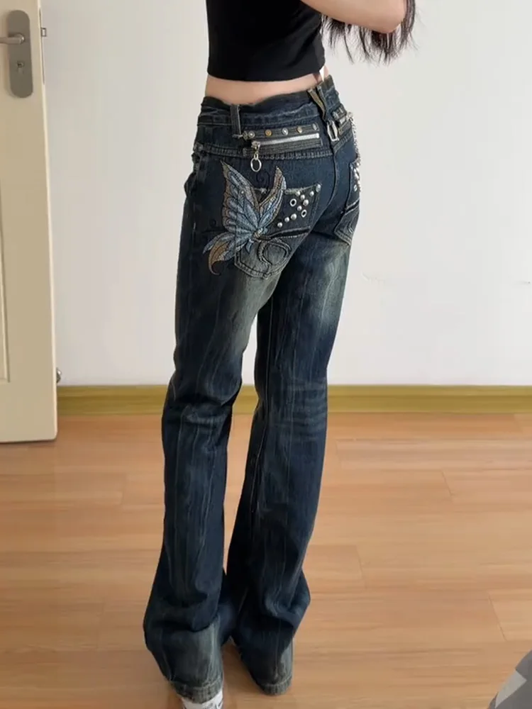 Retro American Spicy Girl  Embroidery Slim Fit Jeans Women Summer Cuffed Long Trousers Low Waist Denim Pants