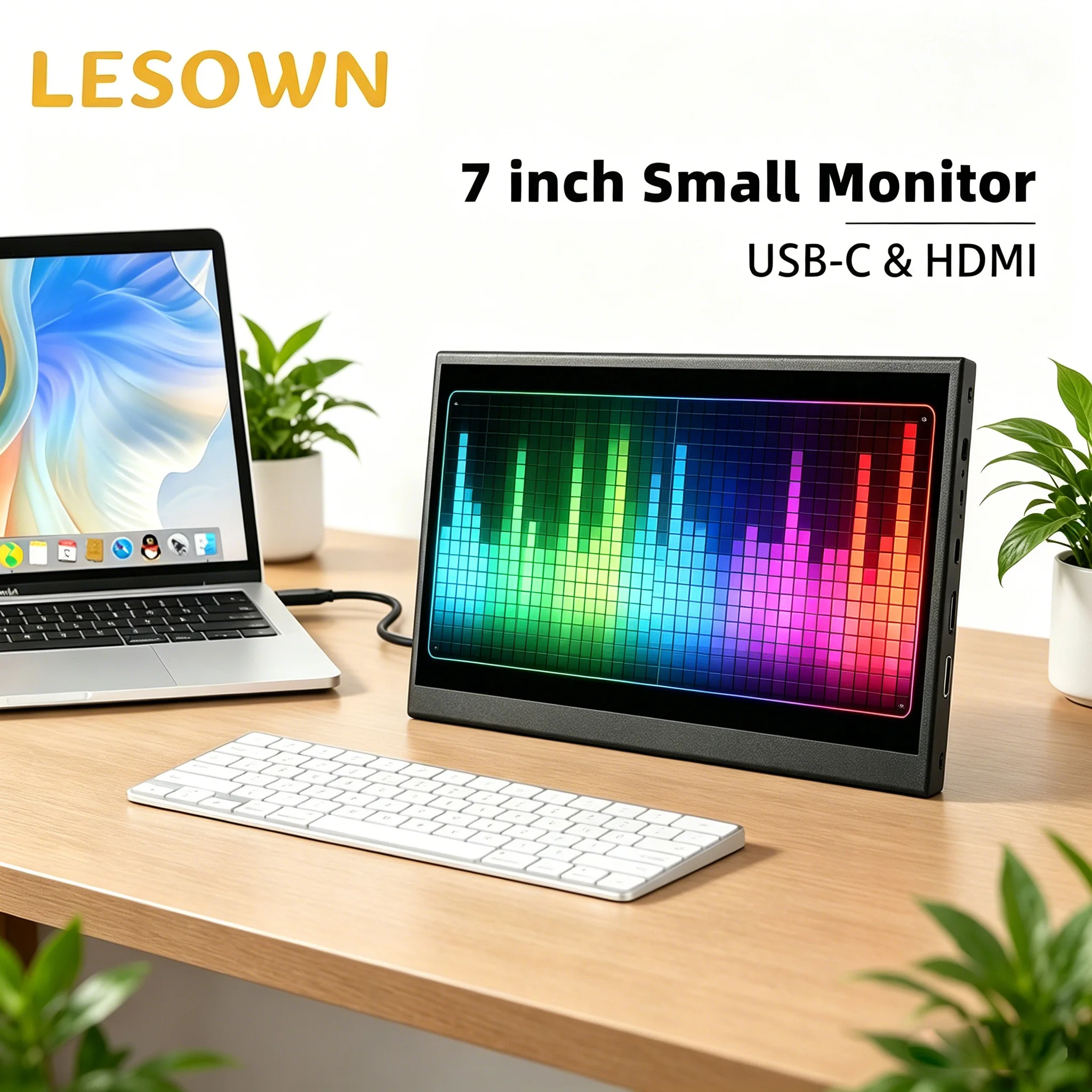 LESOWN 7 Inch 1024x600 USB C Portable Display Plug & Play Small Second Screen Auxiliary Monitor for Gaming Music lyrics playback