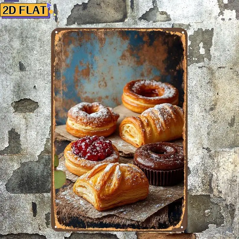 2D Flat, 2D Flat 1pc,A Rustic Array of Freshly Baked Pastries and Donuts,metal Lron Sign,size(8