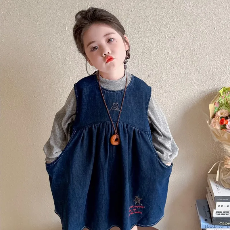 

Autumn Children Girl 2PCS Clothes Set Cotton Solid Long Sleeve Undershirt Suit Loose Embroidery Side Pockets Denim Strappy Dress