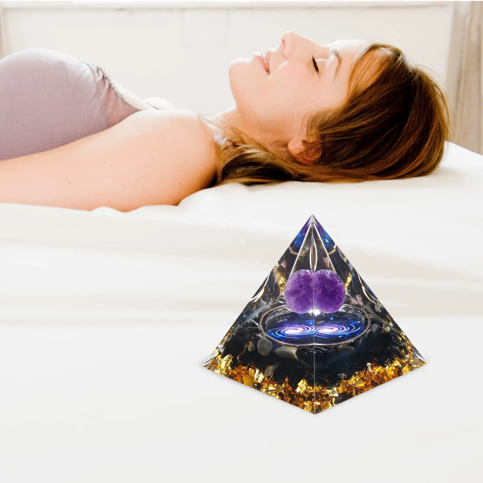 Orgone Pyramid for Positive Energy, Amethyst Crystal Sphere Pyramid, Protection Crystals for Stress Reduce Healing Meditation