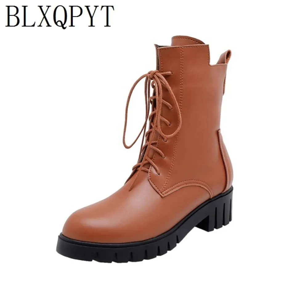 

Ankle Boots Women Pu Leather Fashion Round Toe Lace Up Chunky Heels Autumn Winter Warm Plush Short Platform Boots 227