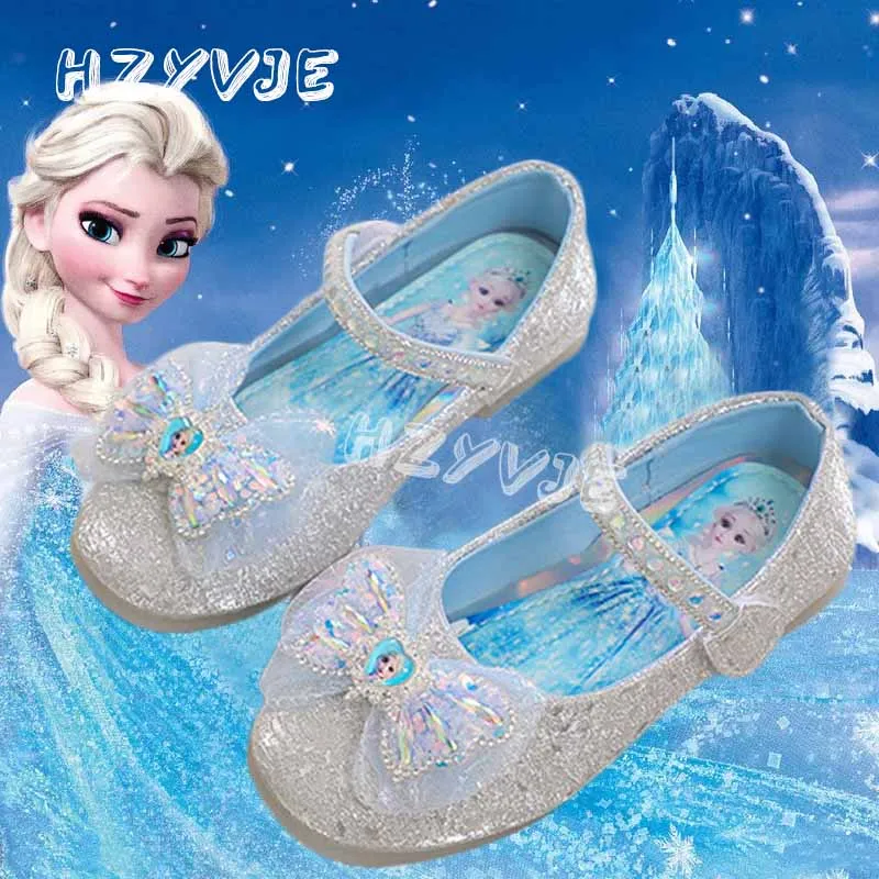 Girls Princess Elsa Crystal Shoes Sweet Cute Bow Girl Soft Sole Single Shoes Summer Flat Sandals Children\'s Small Leather Shoes