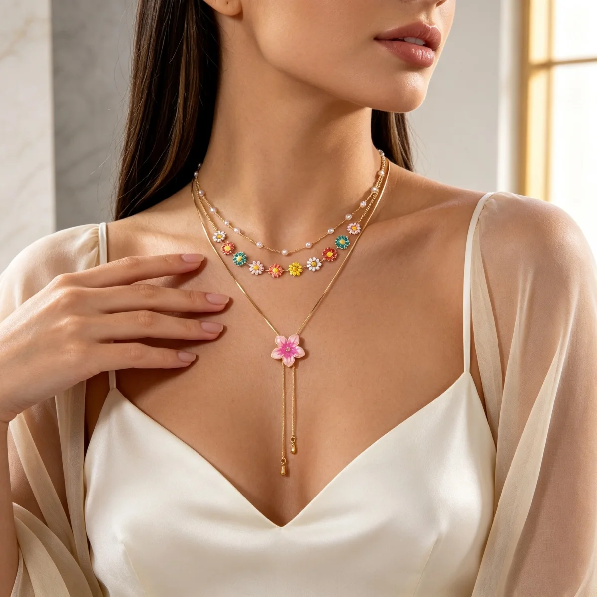 Süße, bunte Emaille-Halskette mit winzigen Gänseblümchen, Schlangenkette, Y-förmiger Quaste und simulierten Perlen für Damen, florales Choker-Schmuckstück – Detail 11