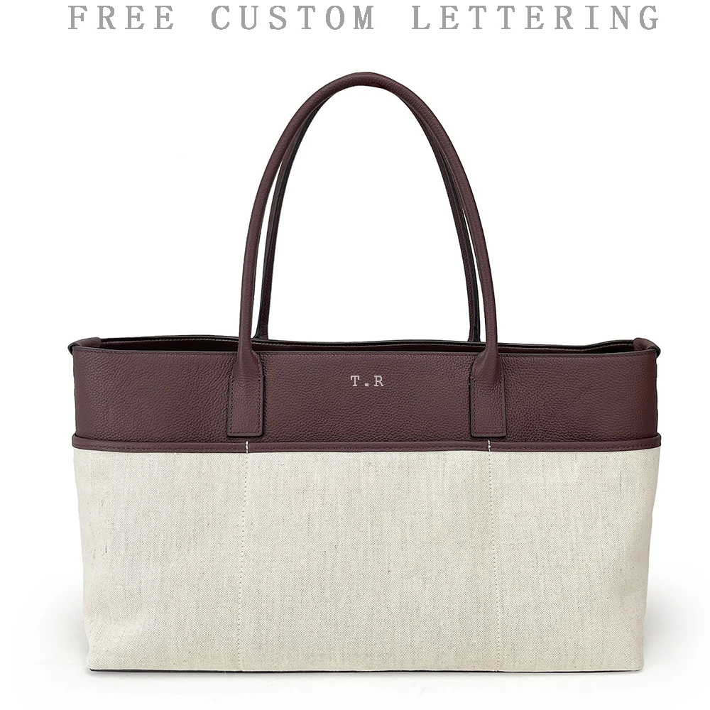 

Canvas splicing top layer cow leather XL 46cm oversized tote bag large capacity female casual portable shoulder bag women's bag