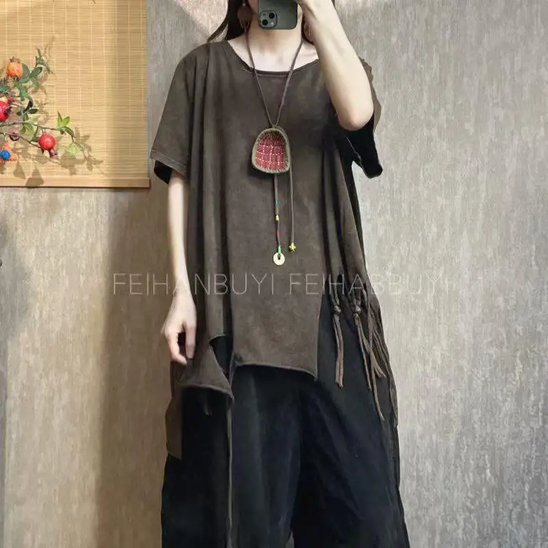 

New Arrival 2026 Summer Arts Style Women O-neck Loose Tee Shirt Hole Tassel Design Vintage Cotton Tshirt Femme Tops Good Quality