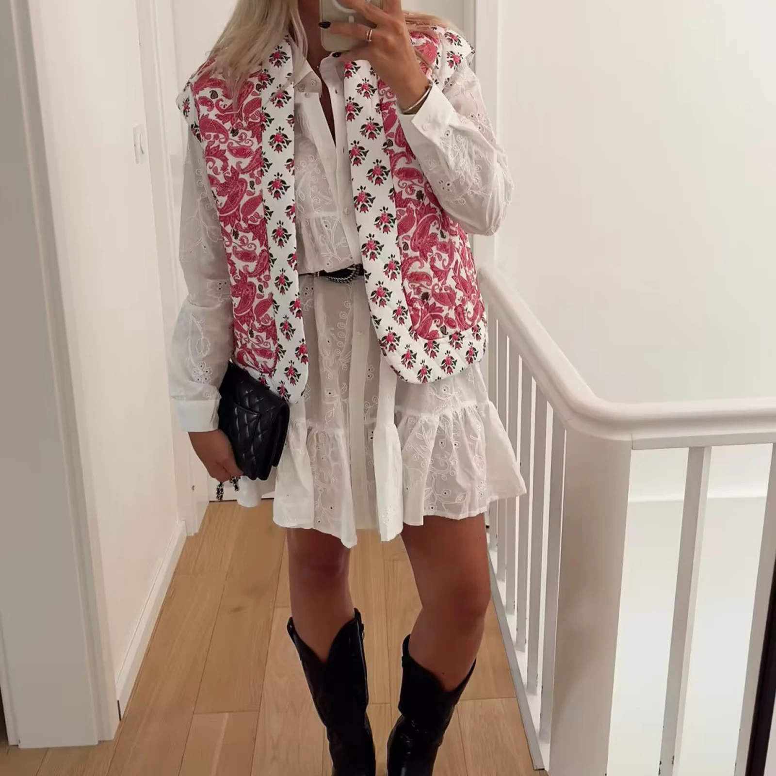 

Women's Clothing Autumn Winter Trendy Bohemian Quilted Waistcoat Floral Print Sleeveless Open Front Jacket Vest Tops