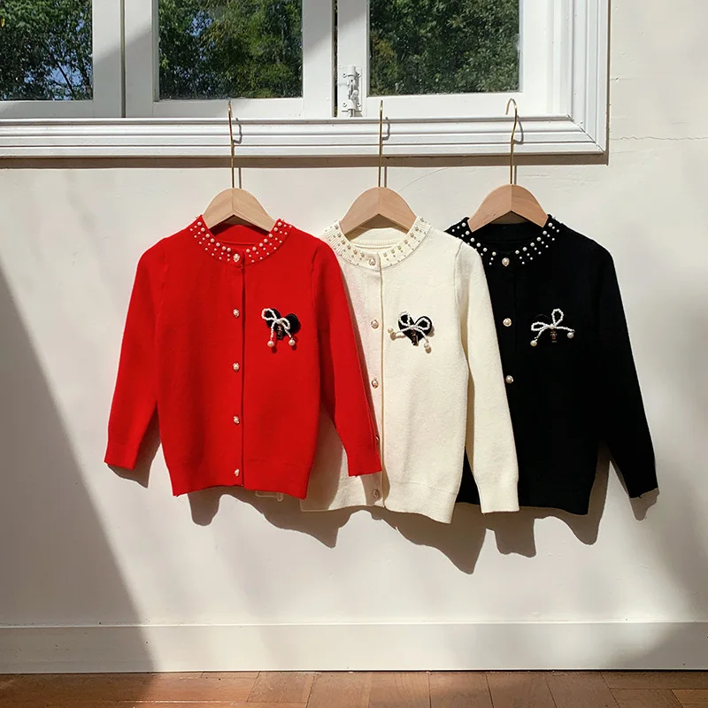 

Baby Girls Autumn Winter Sweater Kids Elegant Pearl Cardigan Red Bow Knitted Sweaters Children Fashion Clothes
