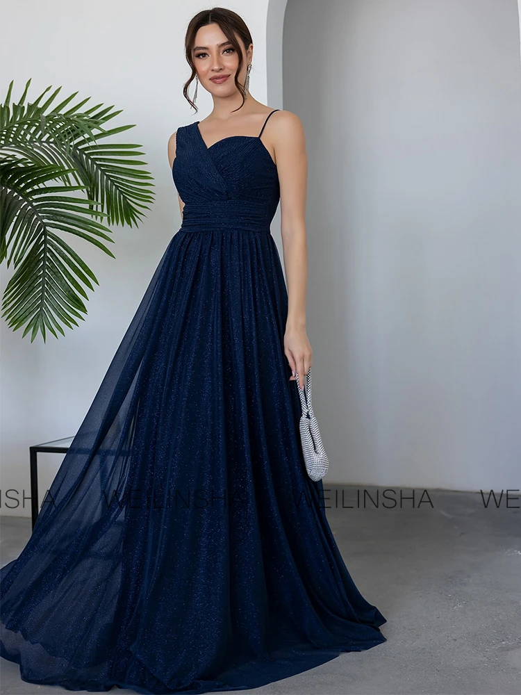 Elegant Evening Dresses for Woman Chiffon A-line Evening Dress Navy Blue One-shoulder Pleat Ruched Groom's Mother Dress Long