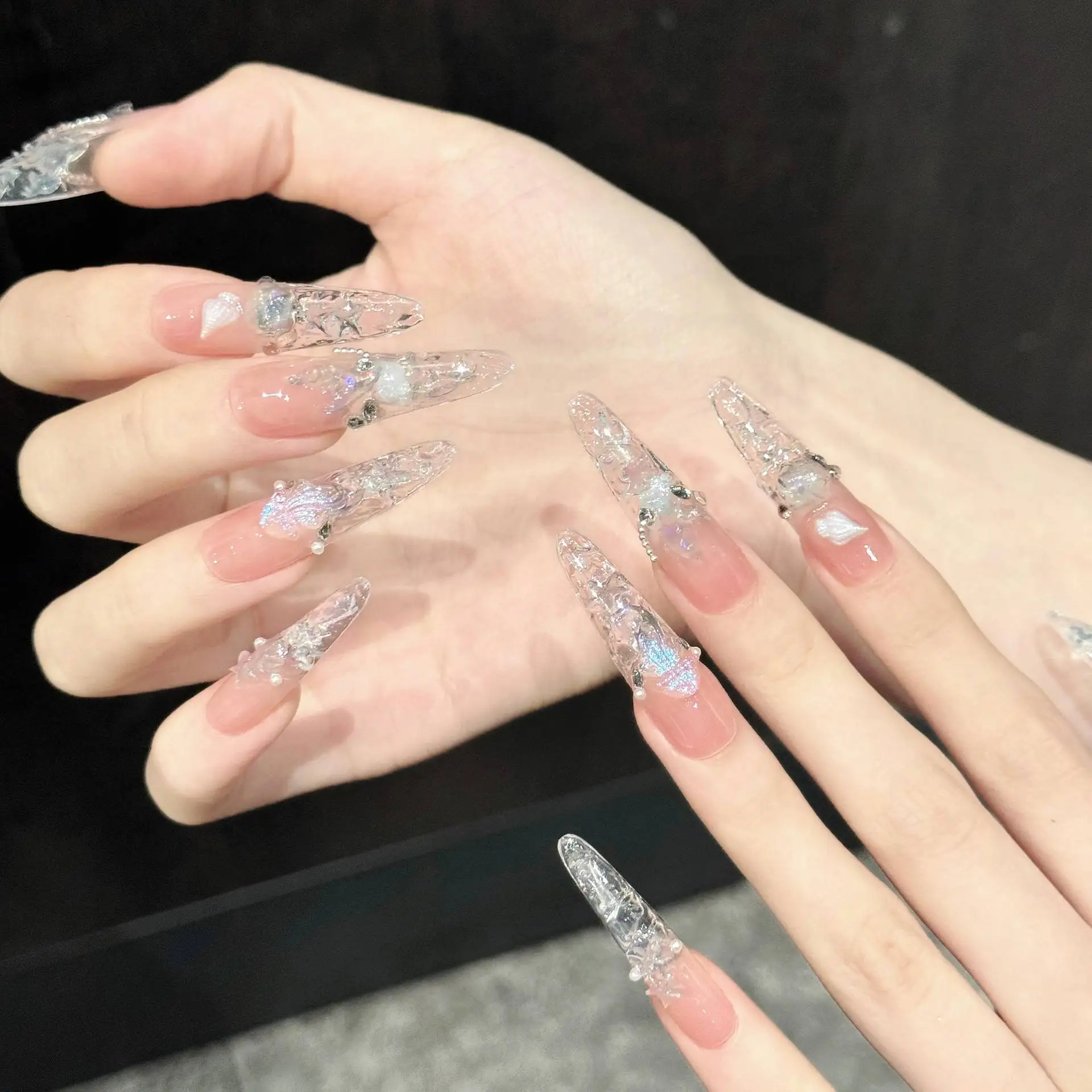 10PCS Stiletto/Oval Handmade Press On Nails,Peach Bottom Aurora Broken Ice Deep Sea Shell,Suitable For Parties And Daily Wear.