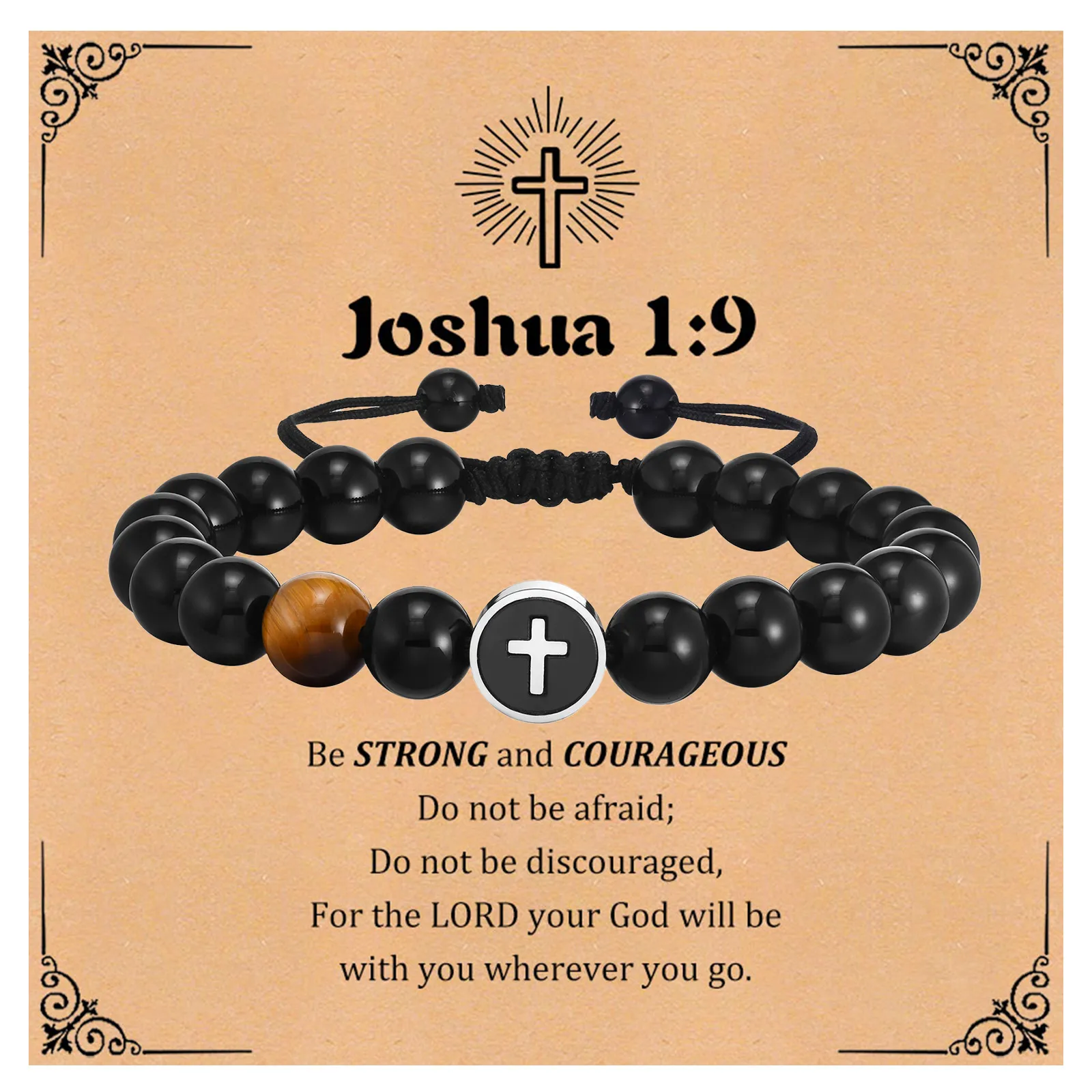 Easter Men's Bracelet,Cross Charms Beaded Bracelets,Adjustable Black Onyx Beaded Wristaband,Father's Day Baptism Scripture Card