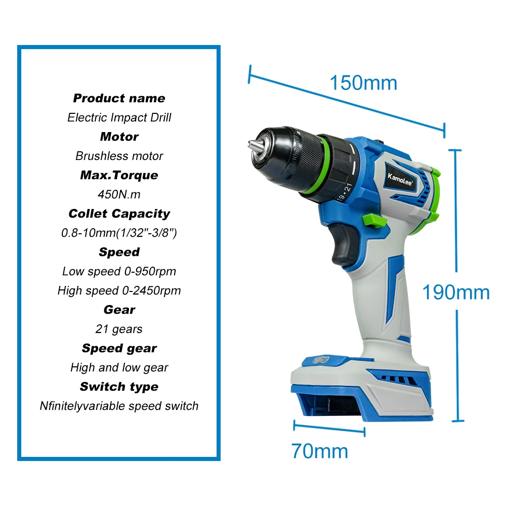 Kamolee 10MM Brushless Electric Impact Drill Cordless Screwdriver Lithium Battery Charging Hand Drill For Makita 18V Battery