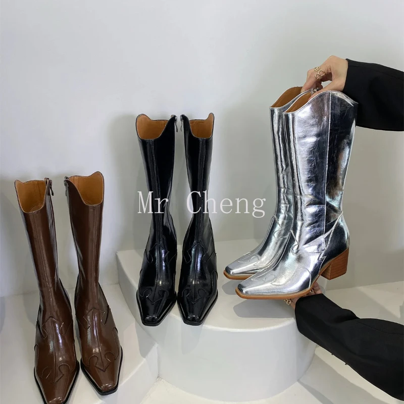 

Brand New Metallic Silver Black Cowboy Boots Women Shoes Chunky Heels Slip on Mid-Calf Music Festival Brown Long Cowgirls Boots