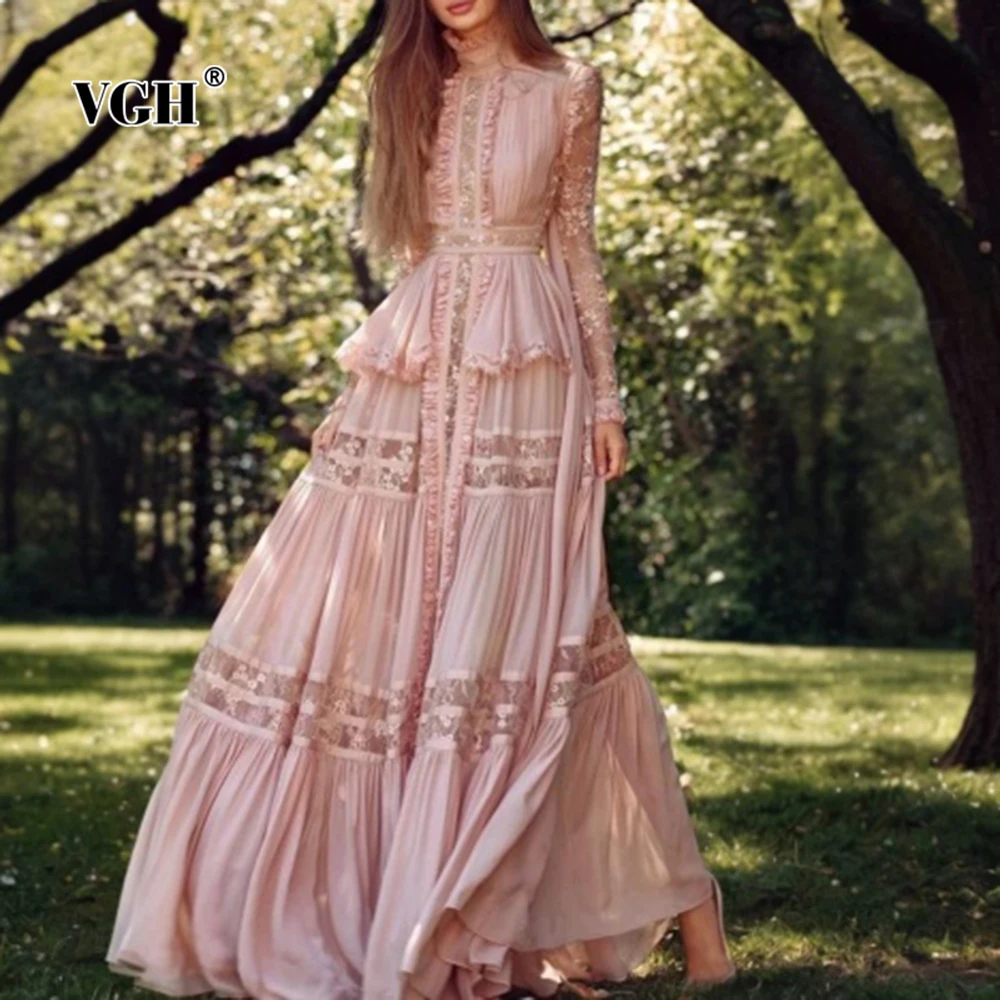 

VGH Elegant Spliced Sequins Long Sleeve Dress for Women Stand Collar High Waist See Through Lace Temperament Long Dreses Female