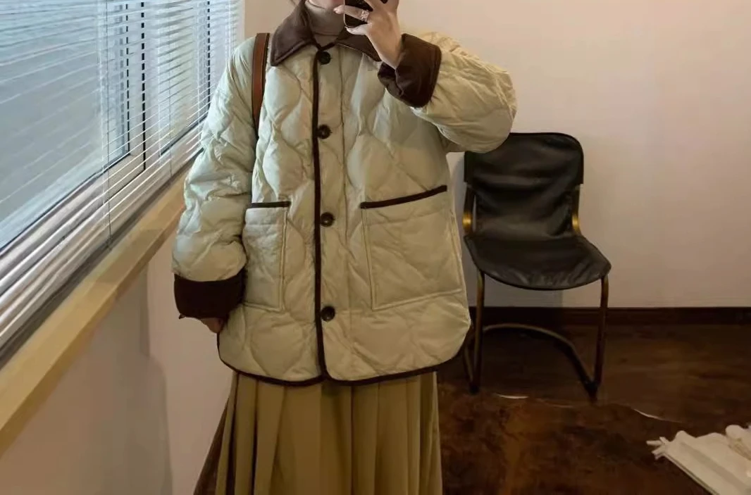 

2025 New Cotton Jacket Women's Short Style Contrasting Color Lapel Diamond Grid Winter Coat