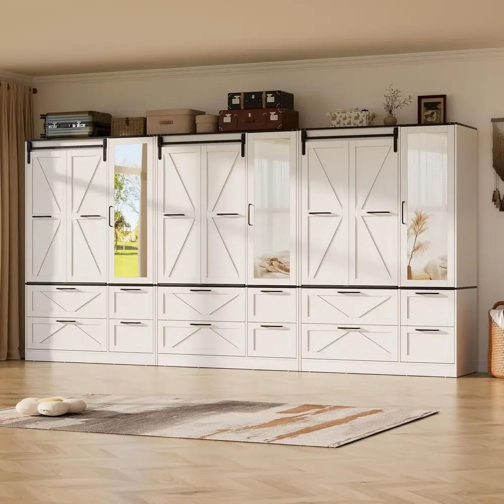 

Special OfferArmoire Wardrobe Closet With W/olding Sliding Barn Door, Bedroom Armoires With Mirror And Sensor Lights, Hanging Ro