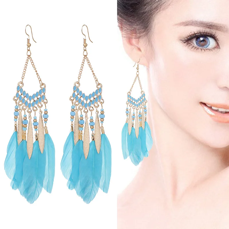 Böhmische, ethnische Ohrringe mit Federn für Damen, trendige, lange Ohrringe mit Quasten und bunten Perlen, Mädchen- und Damenschmuck im Boho-Stil. – Detail 13