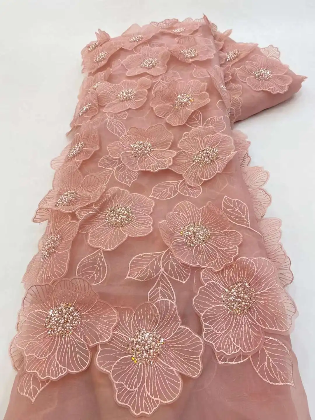 Vestido de novia bordado de flores 3D, tela de encaje con cuentas de flores de Bule, encaje francés dorado, lentejuelas de tul para coser XZ450KU