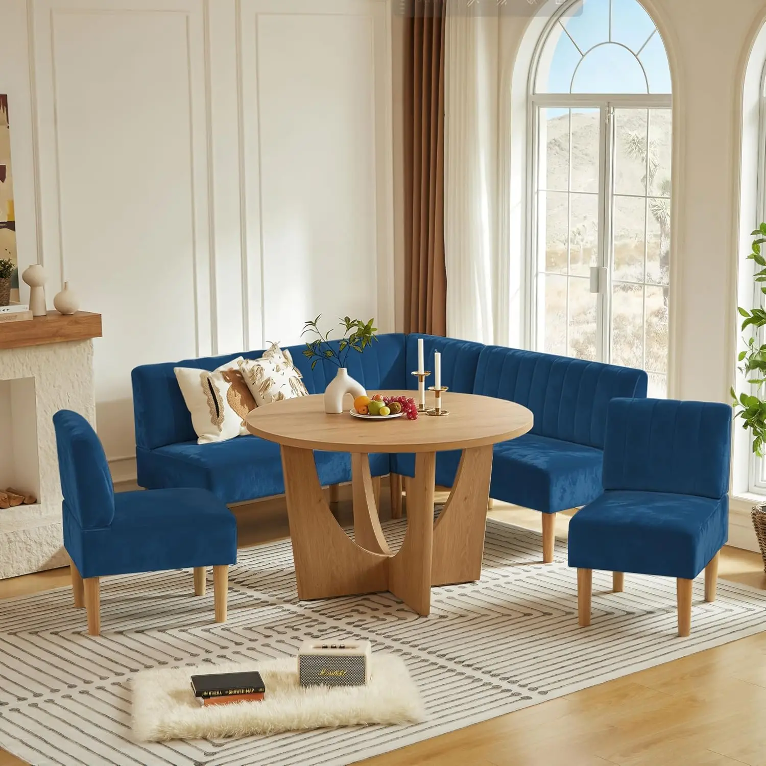 Round Dining Table Set with Loveseat & Chairs, 47 Inch Farmhouse 5-Piece Round Table Setting for 4 to 6, Wood, Customized