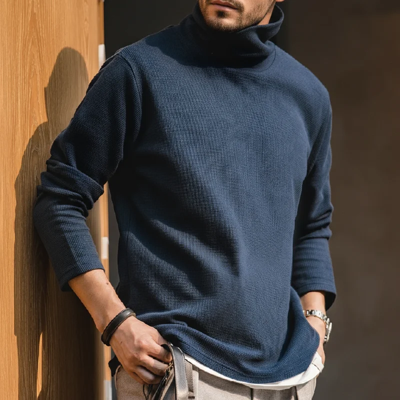 Maden Casual Gray Knitted Turtleneck Sweaters Men\'s Vintage 310g High Collar Waffle Pullovers Basic Fashion Black Warm Jumper