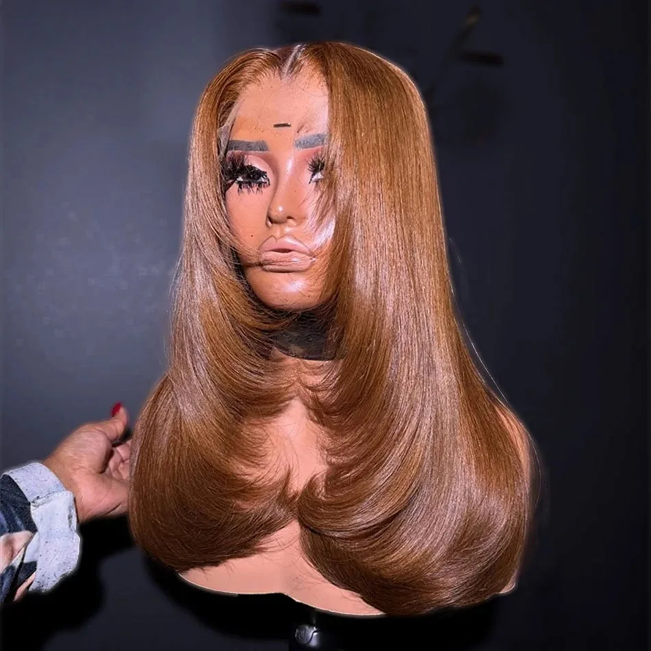 Ginger Brown Layered Straight Synthetic Lace Front Wig Glueless13X4 HD Transparent Lace Wig  Pre Plucked Hairline  pelucas