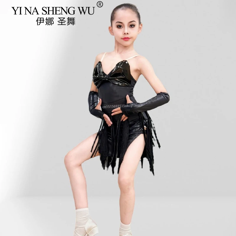 Traje de baile latino con tirantes y flecos, mono de baile latino con lazo negro en el pecho, ropa de práctica de baile de Samba para niñas con flores