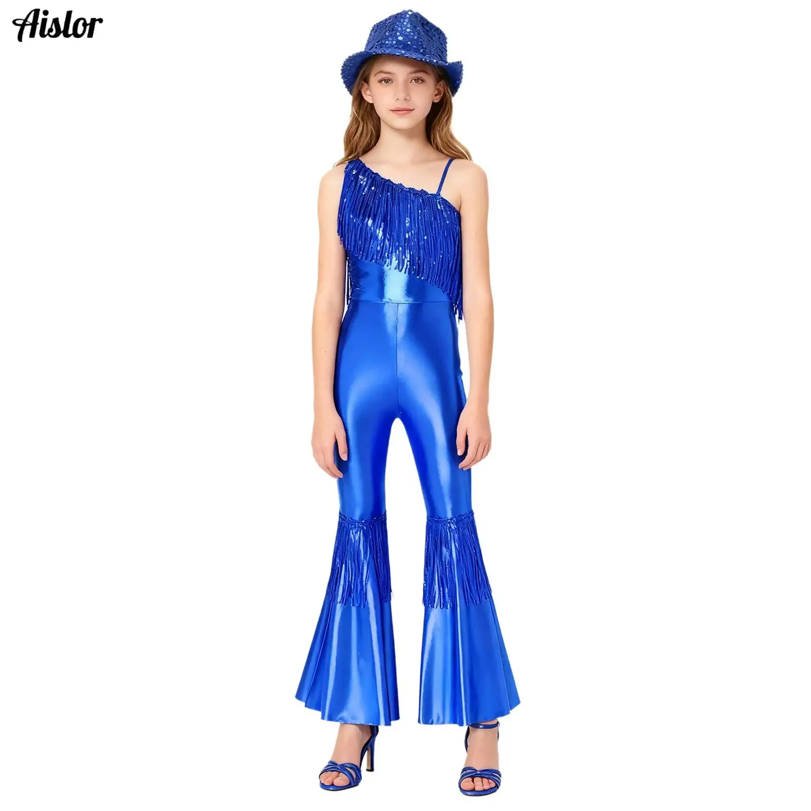 

Kids Girls Jazz Disco Dance Costume Sleeveless One Shoulder Sequins Tassels High Waist Flared Jumpsuit+Fedora Hat Set Dancewear