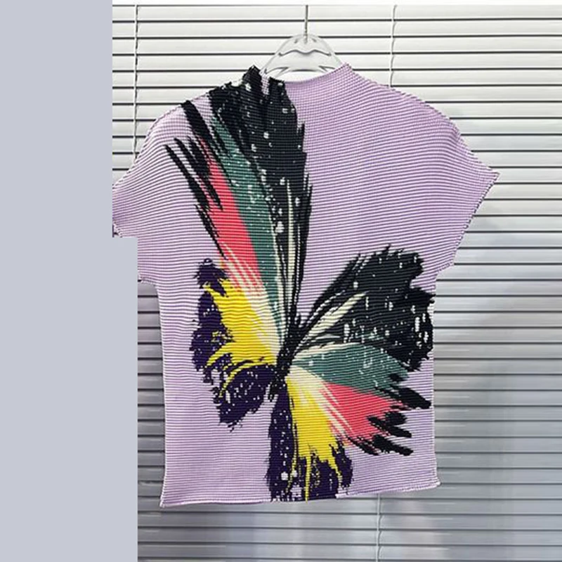 Spring and summer 2023 new printing butterfly pleated Corn kernel stand collar women\'s dress  shirts for women