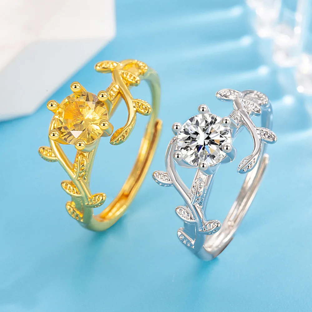 

Кольцо из стерлингового серебра 925 пробы с листьями и бриллиантами, открытое кольцо, женское модное простое ювелирное изделие на день рождения, свадьбу, годовщину, подарок