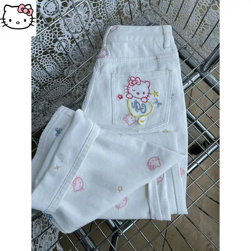 Sanrio Kawaii กางเกงยีนส์ Hello Kittys ฤดูร้อนกางเกงขากว้างสาวน่ารักตรงสไตล์ใหม่หวานหลวมสบายๆสบายๆการ์ตูน Retro