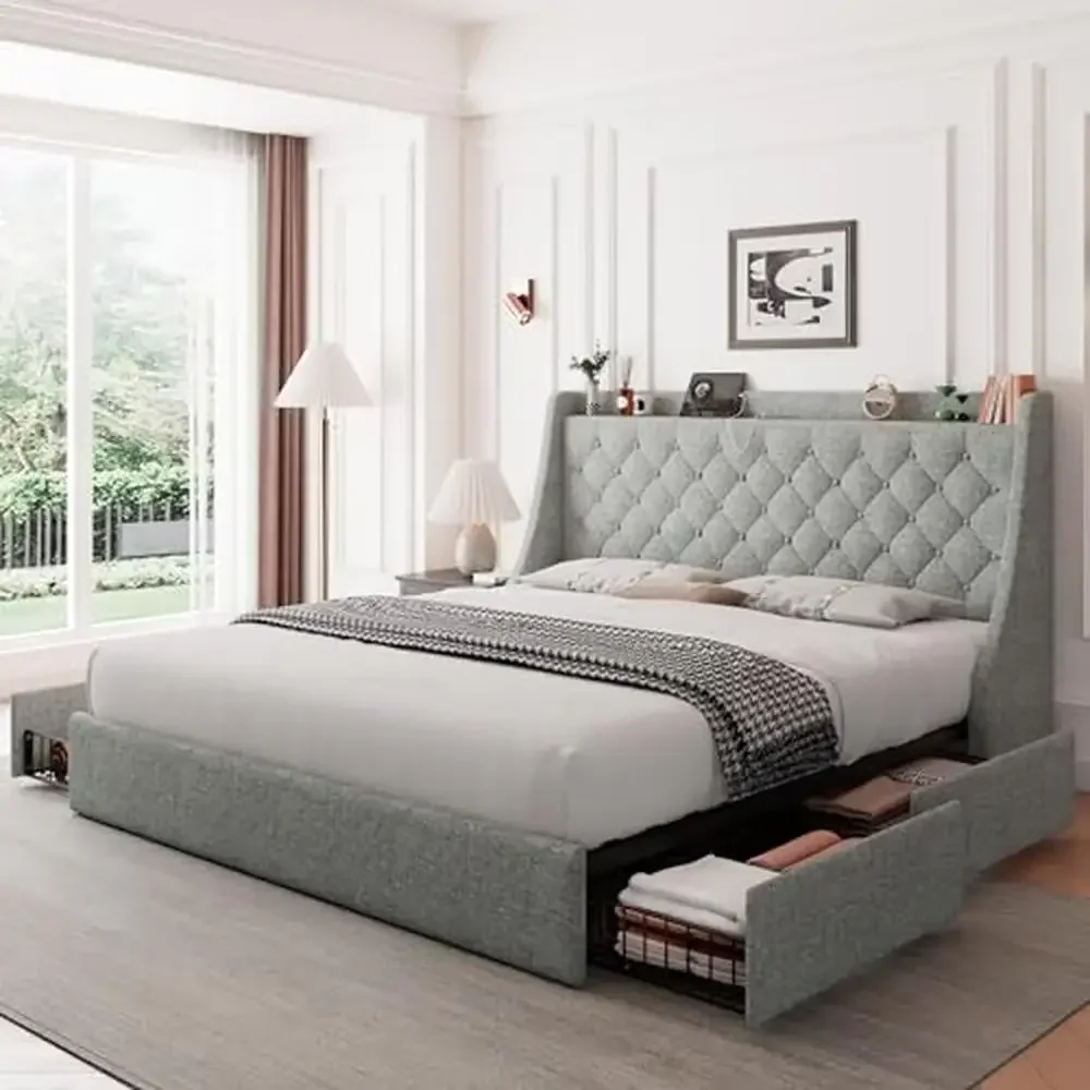 Queen Storage Bed Frame with 4 Drawers Charging Station Wingback Headboard Sturdy Metal Wood Construction Modern Bedroom