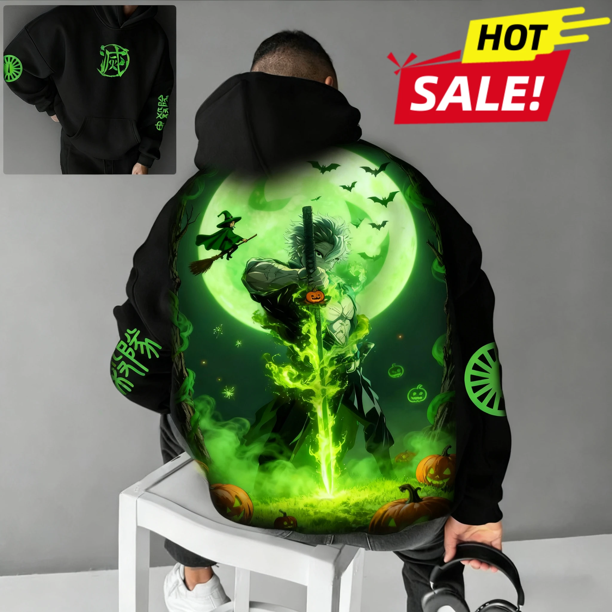 

Male and Female Adult Children Y2K Japanese Animation 3D Printing Halloween Ghost Blade Hoodie Spring and Autumn Jacket Retro
