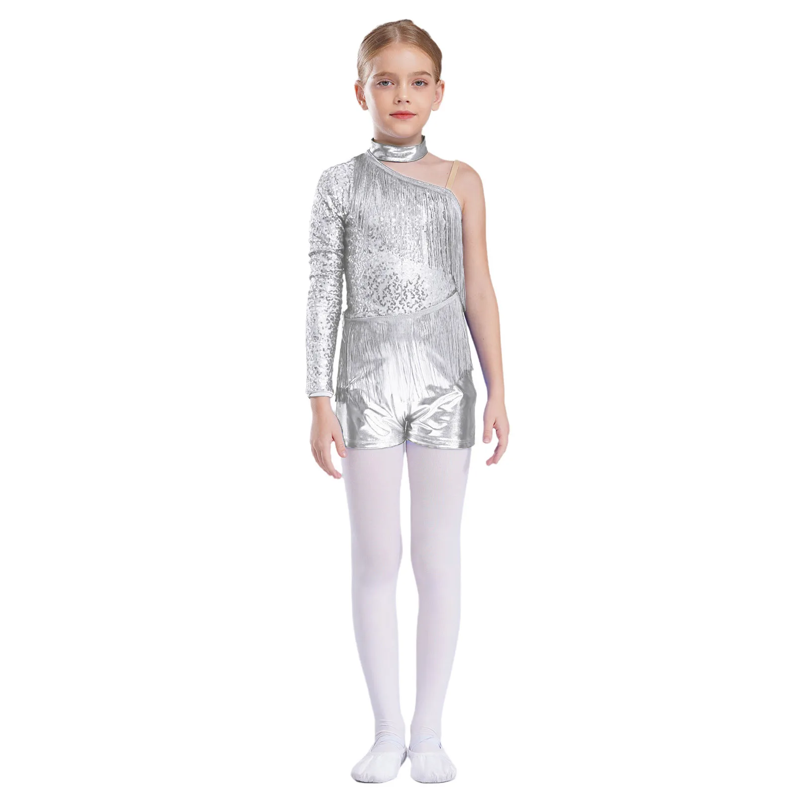 

Kids Girls Sequins Latin Jazz Dance Leotard Tassel Metallic Jumpsuit Halter One Shoulder Leotard Stage Performance Dancewear Hot