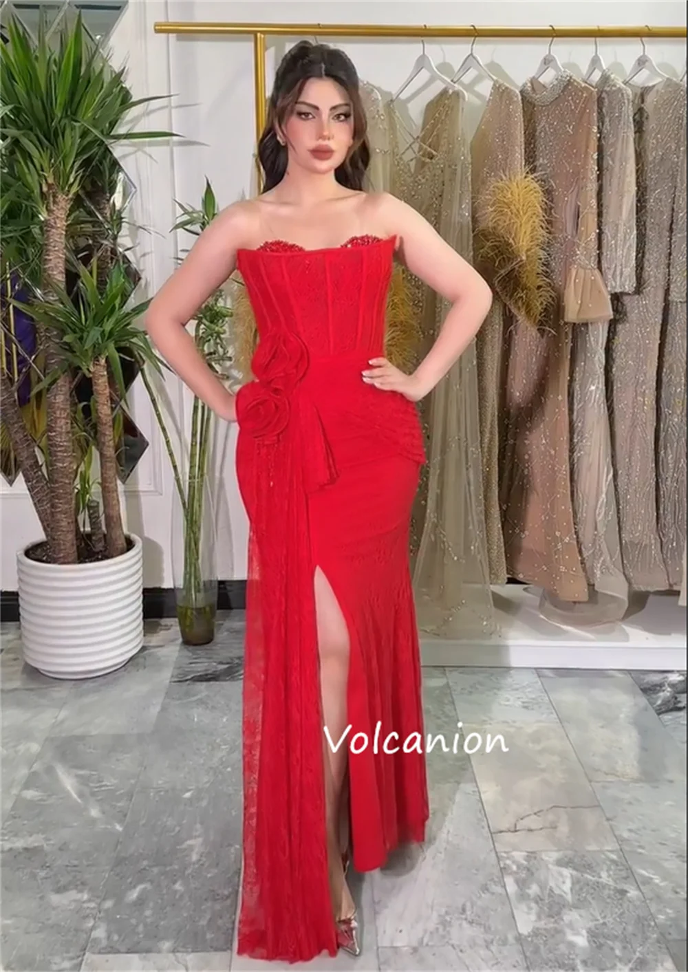 Personalizado de alta qualidade jérsei renda plissado flor trompete sem alças vestidos longos sob medida ocasião brilho