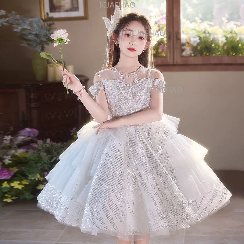 Children Girls Princess Dress Host Evening Gown Party Flower Girl Birthday Kids Silver-gray Piano Performance Pageant Costume